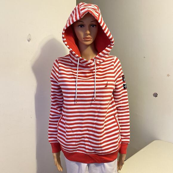 Nautica Women M Soft Fleece Hoodie Pullover Sweatshirt Pocket Logo Red White - Picture 6 of 9